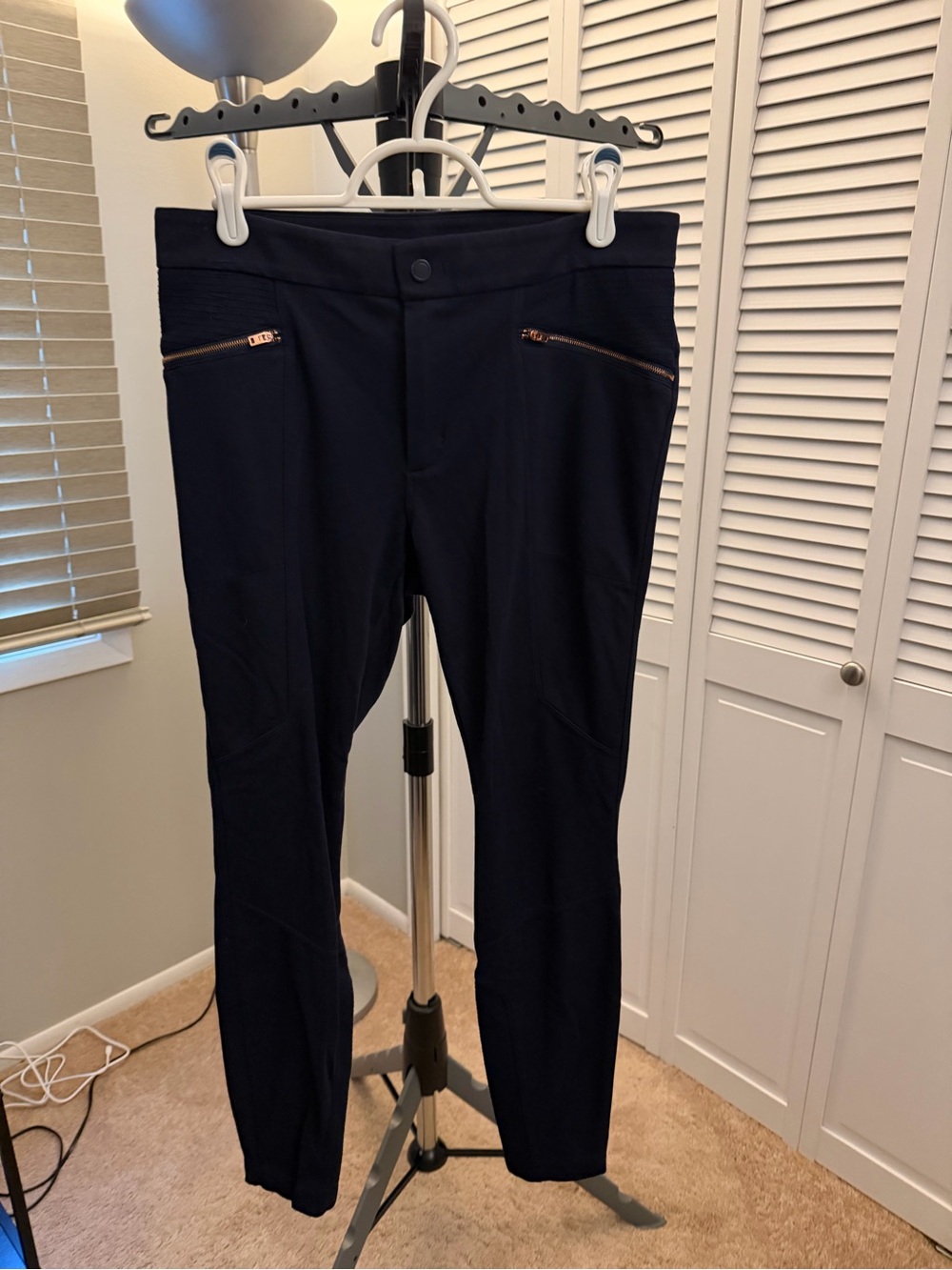 Athleta Navy Blue Dressy Leggings with Gold Accent Zippers